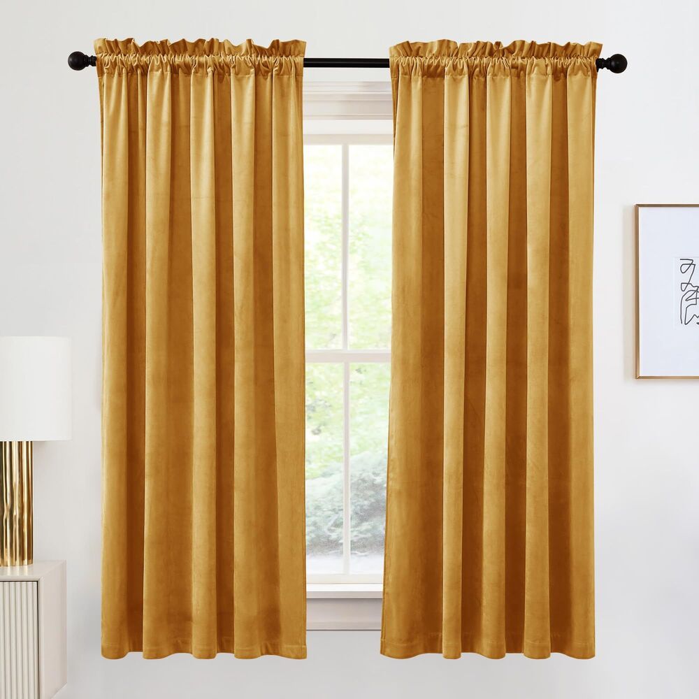 Set of 2 Curtain Panels, W 42 x L 63, Velvet Curtains (Marigold)
